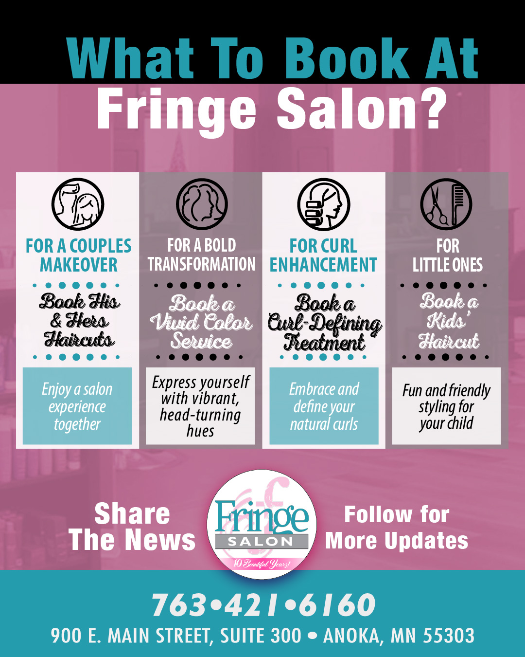 4 ways to refresh your look - or theirs. 💇♀️💇♂️
✨ From bold colors to curl care, couples’ cuts to kids’ trims -  we’ve got you covered!
Book now at fringesalonmn.com
#FringeSalonMN #HairGoals #AnokaSalon #VividColor #CurlCare #KidsHaircut #CouplesMakeover