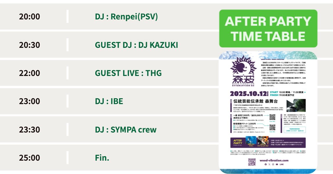 【森波2025 AFTER PARTY TIME TABLE!!!】
会場をCAFE GATIに移しまして、20:00 STARTいたします!
GUEST LIVE にTHG a.k.a. Toshizo Shiraishi
GUEST DJ にDJ KAZUKI お迎えします🔥🔥🔥
もしかしたら、夜な夜なセッション?♪♪♪
期待しちゃいますねーー
森波リストバンドはそのままでお越しくださいねー🍺
AFTER PARTYも参加して目一杯、森波2025楽しんでください!!!お待ちしてます♪♪♪
ーーーーーーーーーーーーーーーーーーーーーーーーーーーー
森波2025
🔷出演アーティスト🔷
🔸韻シストBAND
🔸Jesus’ Son
🔸ComplianS
🔸RABIRABI
🔸Soul Delivery
🔸TOKIO AOYAMA
🔶アフターパーティー
🔹GUEST LIVE:THG
🔹GUEST DJ:DJ KAZUKI
🔸詳細🔸
▪️開催日:2025年10月12日(日曜日)
▪️会場:伝統芸能伝承館 森舞台
▪️開場:10:00 開演:11:00 終演:19:00
▪️前売券¥7000/ 当日券¥8000
▶︎https://wv2025.peatix.com/
▪️配信チケット:¥3000
▶︎https://wv2025online.peatix.com/
🔹概要🔹
森波(しんぱ)は、2008年にスタートした音楽イベントです。『伝統芸能伝承館 森舞台』が会場となってからは今年で12回目となります。企画・運営は宮城県登米町にあるCAFE GATIを拠点に活動する森波実行委員会が行なっています。私たちは世代を超えて音楽を心と身体で感じることの素晴らしさ、その時間を共有することの素晴らしさを信じています。荘厳な雰囲気の会場でこの日限りの音響設備と照明の下、出演アーティストの生演奏をお楽しみください。会場の誰もが快適で楽しい時間をお過ごしいただけるような空間をご用意してお待ちしています。
#森波2025
#韻シスト
#complians
#jesus’son
#rabirabi
#souldelivery
#tokio_aoyama
#thg
#djkazuki