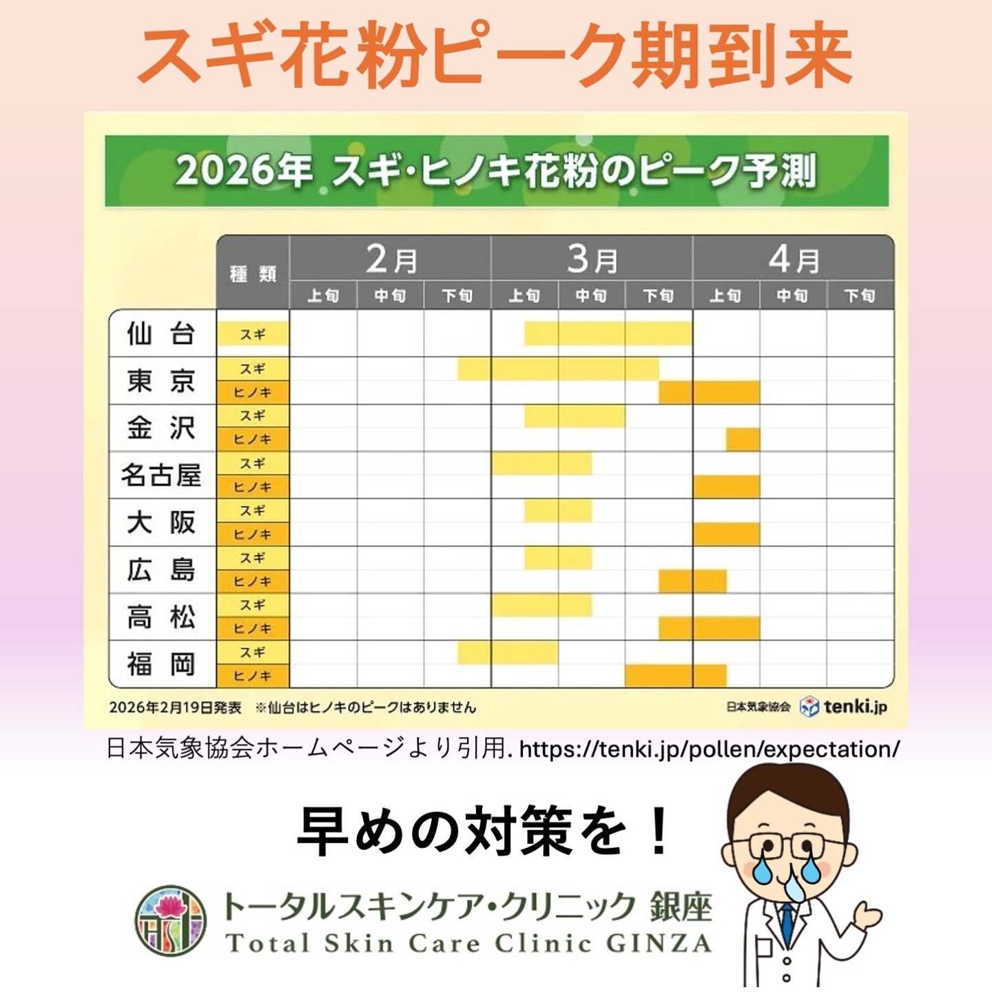 トータルスキンケアクリニック銀座
院長、今朝から花粉症を発症しました。
スギ花粉のピーク期が到来しました。
皆様もお早めの花粉症対策を!
院長
#トータルスキンケアクリニック銀座 #東銀座皮ふ科 #東銀座 #皮膚科 #クリニック #スギ花粉 #ヒノキ花粉 #花粉症 #ピーク #対策 #聖路加 #抗アレルギー薬 #アレルギー性鼻炎 #アレルギー性結膜腺 #銀座松竹スクエア