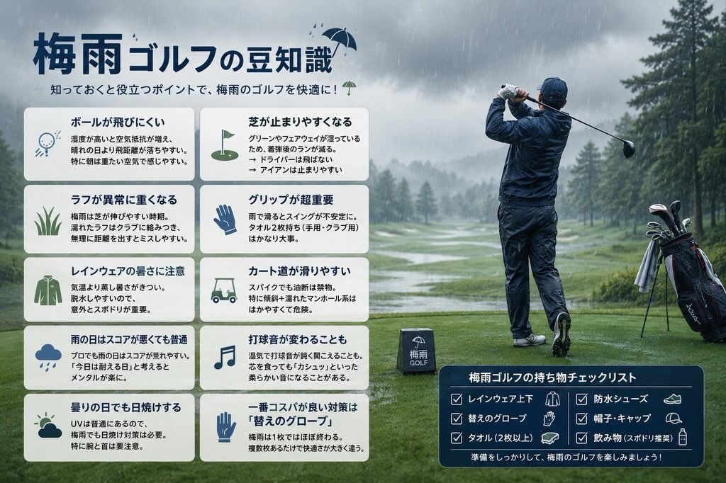 こんにちは!梅雨がやってきてますね。梅雨の時期のゴルフでは様々なイレギュラーが予測されるのでこれらをご参照下さい!ご来場お待ちしております😊