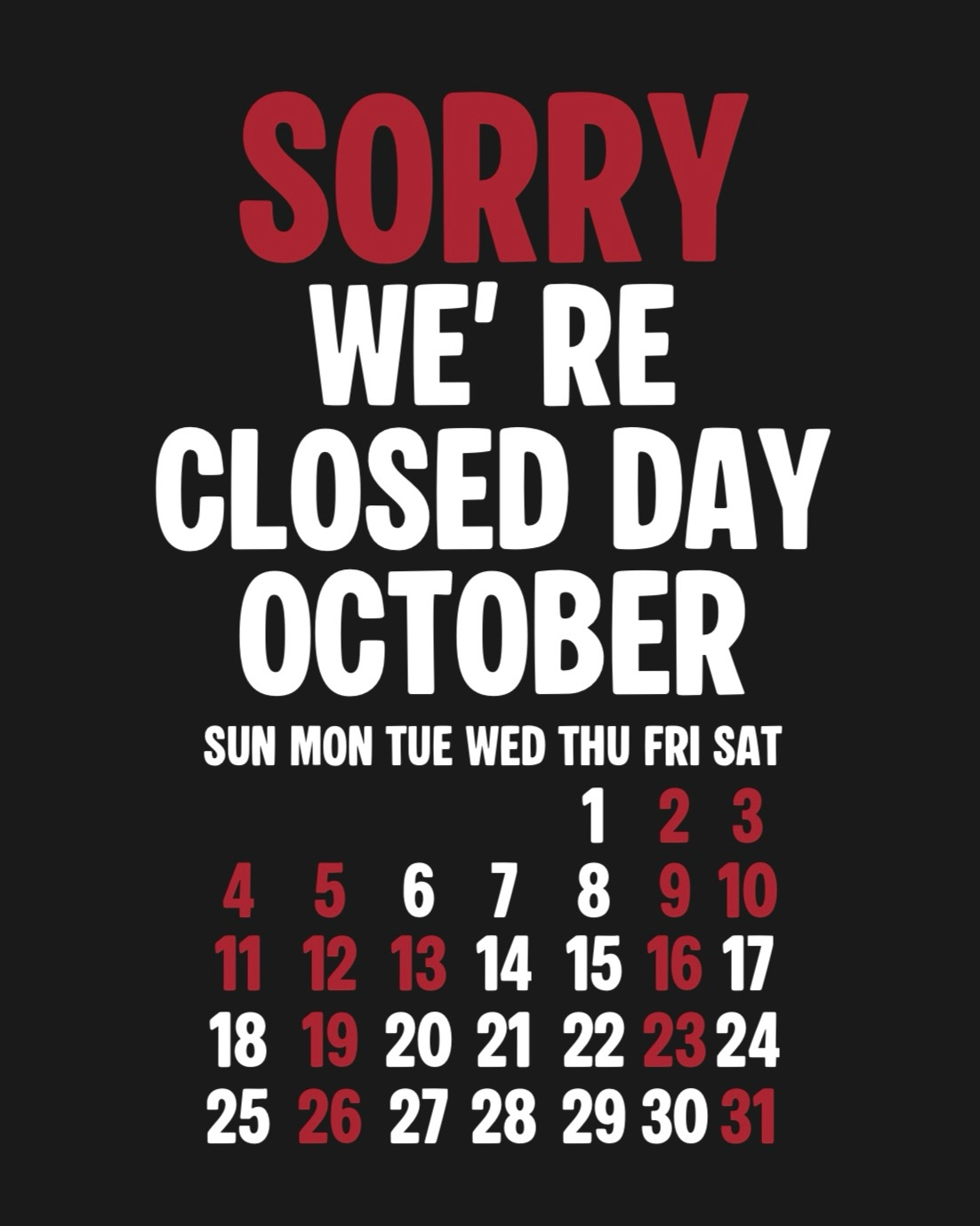 October Close Day.10月3.4日は石川県にて @chirihama_sandflats_official 物販ブースにて出店、11日は岐阜県にて @big_foot_land 物販ブース出店となります。オンラインストアで完売中のアイテムも数量限定で販売予定です、近郊の方は是非お待ちしております🤝※赤字が店休となります。⬛︎ 営業時間 : 11:00~19:00
⬛︎ 北海道札幌市白石区北郷9条7丁目10-2
⬛︎ 駐車場有#delinquentbros
#デリンクエントブロス
#デリンクエント
#非行兄弟
#札幌