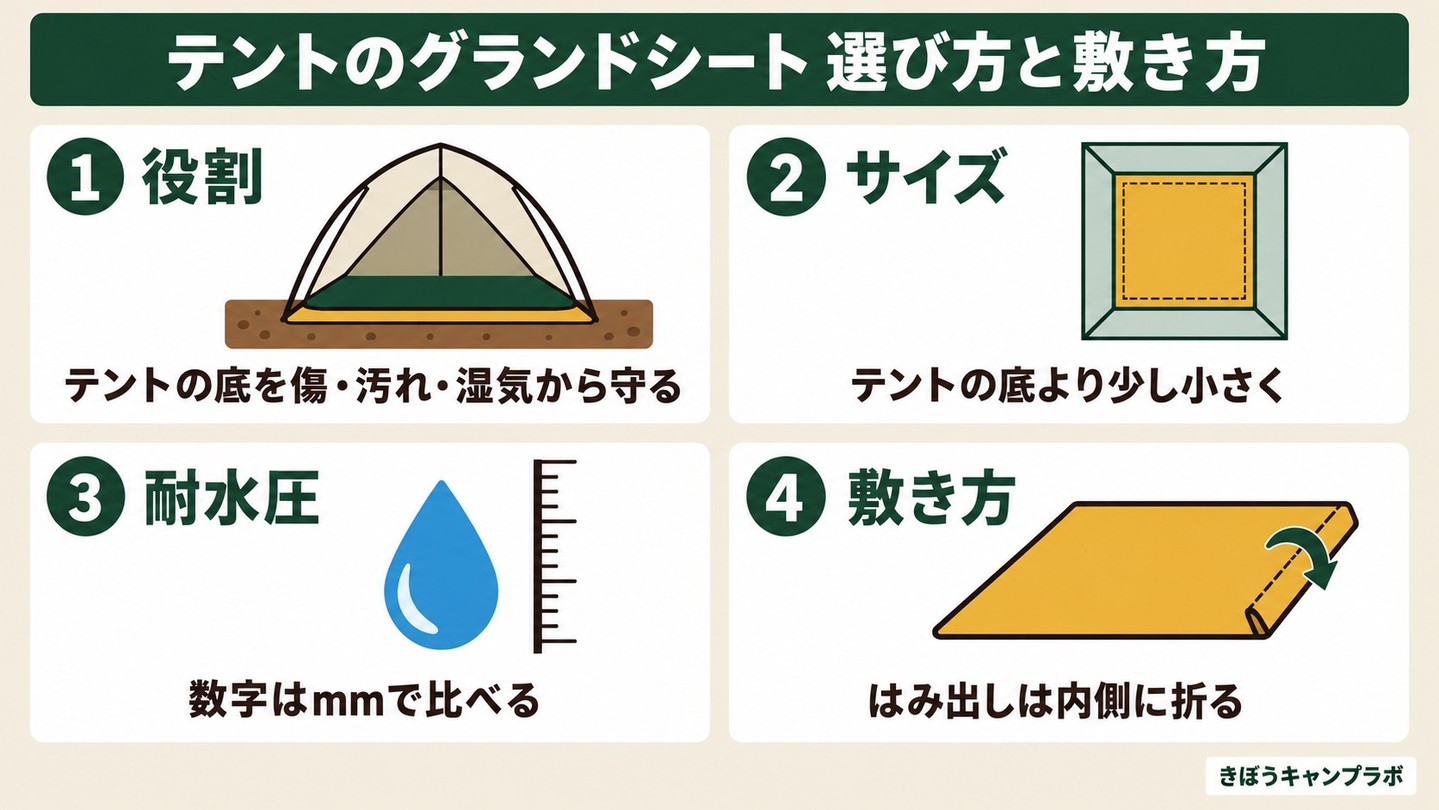 グランドシートは「大きいほど安心」ではありません。
テントからはみ出した部分が雨を受けると、底との間に水が入ります。
✅ テントの底より一回り小さく(対応品の実例は縦横8〜20cm短い)
✅ 大きいときは端を底の下へ折り込む
✅ 耐水圧は2,000mm前後が目安
✅ 設営のあと、テントの周りを1周して確認
メーカー5社の公式スペックの比較は、プロフィールのリンクからブログへ。
#キャンプ #キャンプ初心者 #グランドシート #テント #雨キャンプ #キャンプ道具 #ファミリーキャンプ #ソロキャンプ #きぼうキャンプラボ